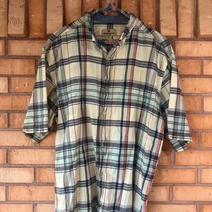 Woolrich Men's Casual Plaid Button-Down Short Sleeve Shirt - Cream, Blue, Red